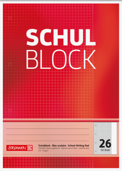 BRUNNEN Schulblock gelocht | A4, kariert, Lineatur 26, 50 Blatt, rot
