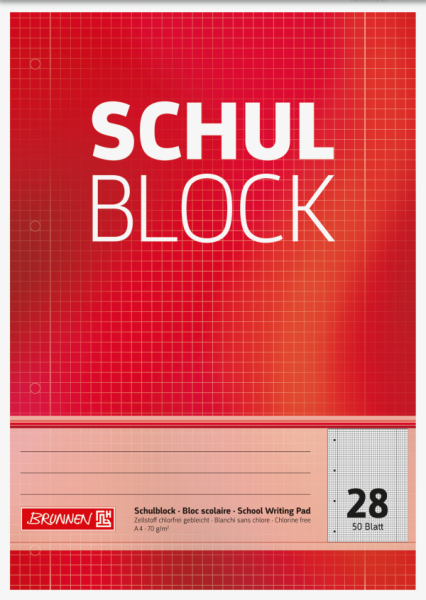 BRUNNEN Schulblock gelocht | A4, kariert, Lineatur 28, 50 Blatt, rot