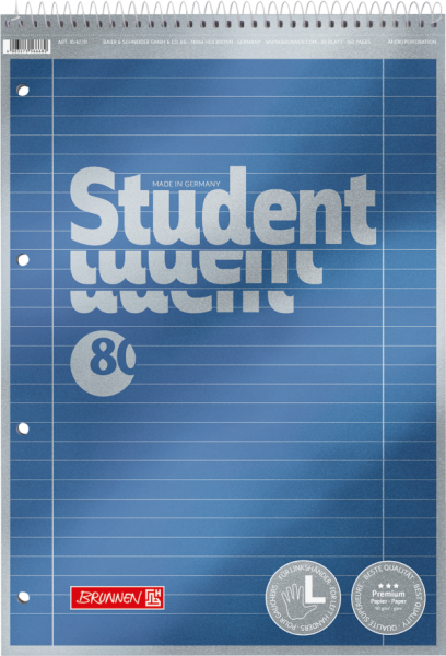 BRUNNEN Collegeblock Premium Student Spirale oben | A4, Lineatur 27, liniert, 80 Blatt, blau