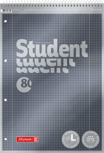 BRUNNEN Collegeblock Premium Student Spirale oben | A4, Lineatur 28, kariert, 80 Blatt, anthrazit