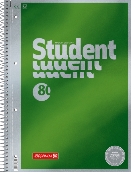 BRUNNEN Collegeblock Premium Student | A4, Lineatur 20, blanko, 80 Blatt, grün