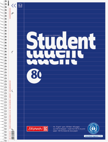 BRUNNEN Collegeblock Student Recycling | A4, Lineatur 21, liniert, 80 Blatt