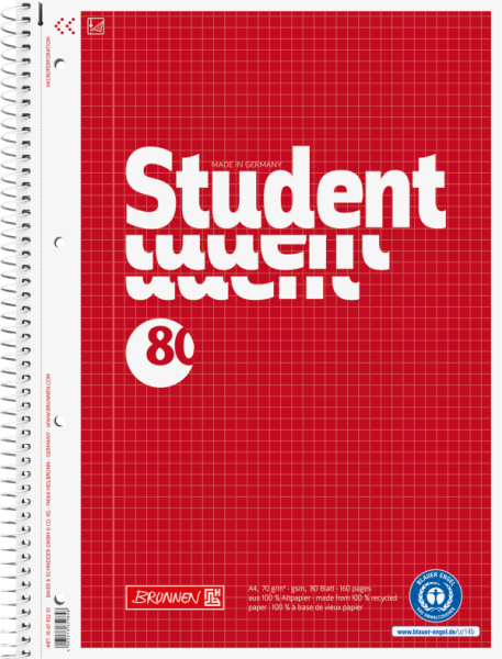 BRUNNEN Collegeblock Student Recycling | A4, Lineatur 22, kariert, 80 Blatt