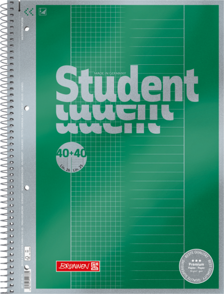 BRUNNEN Collegeblock Premium Student "DUO" | A4, kariert/liniert, 80 Blatt, grün